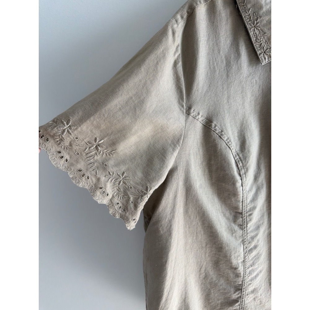 Liz & Me Women 2X Linen Cotton Blend Embroidered Button Down Shirt Taupe Khaki - Picture 6 of 11